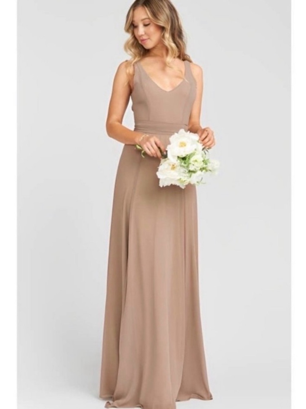NWT Show Me Your Mumu Jenn V-Neck Chiffon Bridesmaid Maxi Dress in Dune